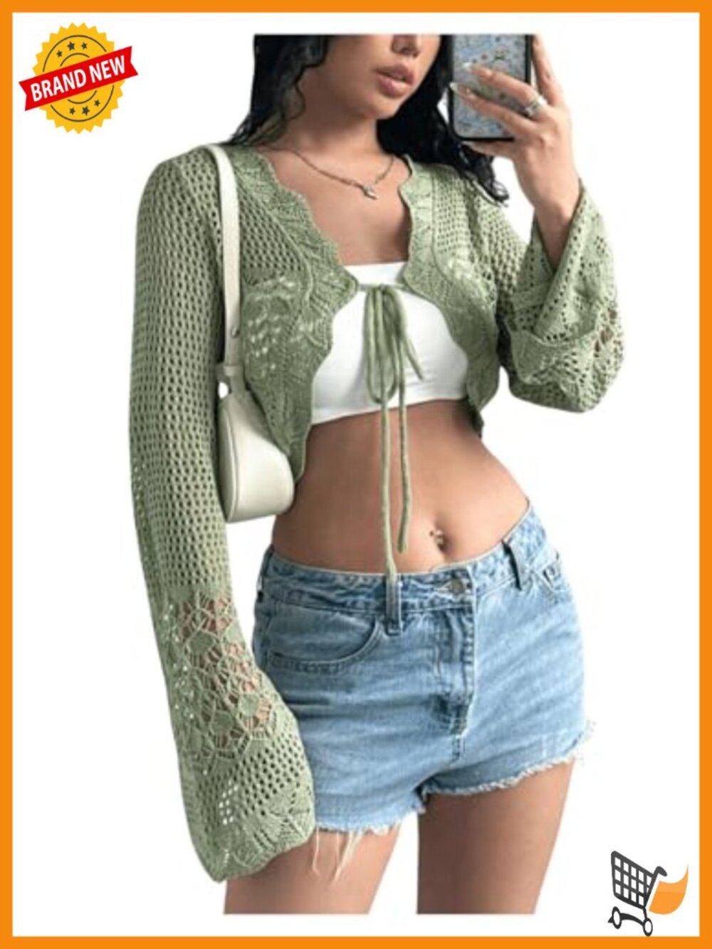 Hollow Out Tie Up Bell Sleeve Cropped Cardigan Sheer Crochet Shrug Bolero